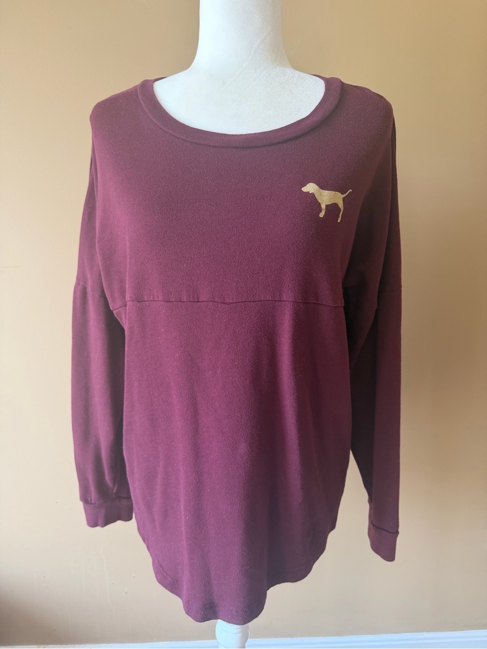 PINK Victoria's Secret Maroon Gold Graphic Campus Crewneck